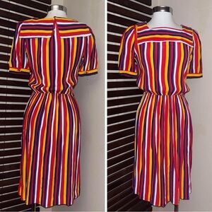 Katie MFG Vintage 1970s 70s Red Black Yellow Purple White Striped Floral Dress 4